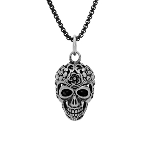 COLLIER ACIER PATINÉ PENDENTIF TETE DE MORT 50CM + 5 + 5CM