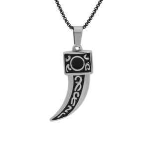 COLLIER ACIER PATINÉ PENDENTIF DENT DE REQUIN RÉSINE NOIRE  50CM + 5 + 5CM