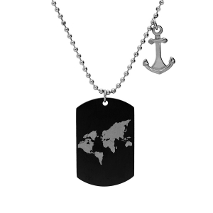 COLLIER ACIER PENDENTIF ANCRE ET PLAQUE PVD NOIR GLOBE TROTTER  55+10CM