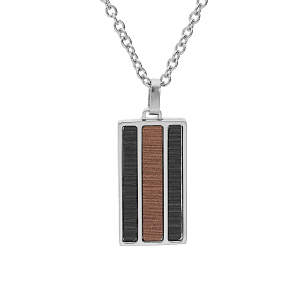 COLLIER ACIER PENDENTIF RECTANGULAIRE ET ASPECT BOIS MARRON ET NOIR 50+5CM