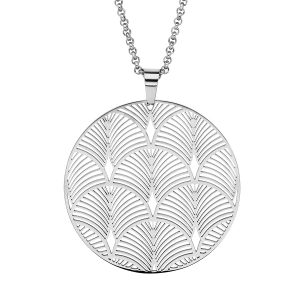 COLLIER ACIER PENDENTIF ROND PLUME DE PAONS 42+4CM