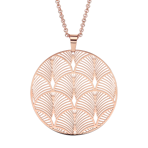 COLLIER ACIER ET PVD ROSE PENDENTIF ROND PLUME DE PAONS 42+4CM