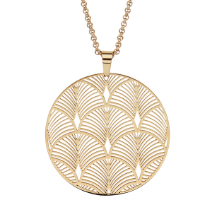 COLLIER ACIER ETV PVD DORÉ PENDENTIF ROND PLUME DE PAONS 42+4CM