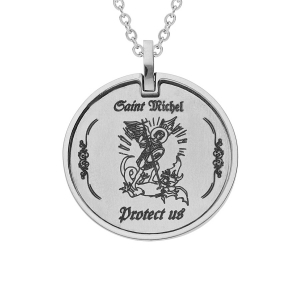 COLLIER ACIER PENDENTIF ROND SAINT MICHEL PROTEGE NOUS 50+5CM