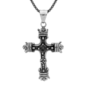 COLLIER ACIER PENDENTIF CROIX PATINÉ OXYDE NOIR SERTI 50CM + 5 + 5CM