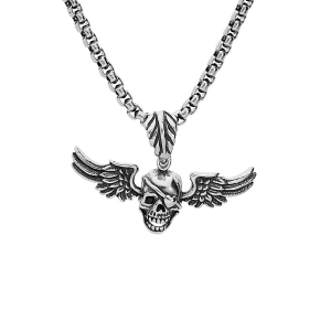 COLLIER ACIER PATINÉ PENDENTIF TETE DE MORT AVEC AILES 50CM + 5 + 5CM