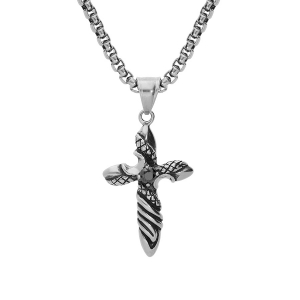 COLLIER ACIER PATINÉ PENDENTIF CROIX AVEC OXYDE NOIR SERTI 50CM + 5 + 5CM