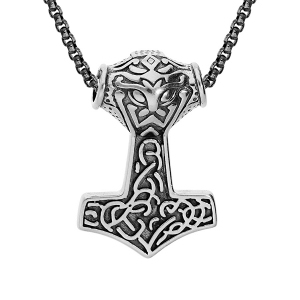 COLLIER ACIER PATINÉ CHAINE 3MM PENDENTIF MARTEAU DE THOR 50CM + 5 + 5CM
