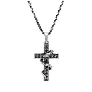 COLLIER ACIER PATINÉ CHAINE 3MM PENDENTIF CROIX ET SERPENT ENROULÉ 50CM + 5 + 5CM