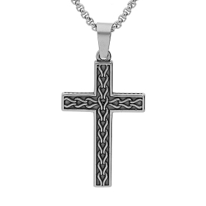 COLLIER ACIER PENDENTIF CROIX 43x27 mm GRAVÉ RECTO VERSO 50+5CM