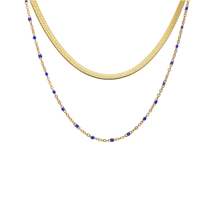 COLLIER ACIER ET PVD JAUNE 2 RANGS MAILLE PLATE ET RÉSINE BLEU FONCÉ  37+5CM