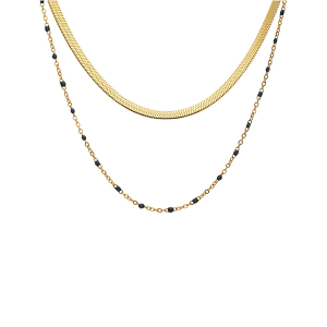 COLLIER ACIER ET PVD DORÉ 2 RANGS MAILLE PLATE ET RÉSINE NOIRE 37+5CM