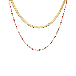 COLLIER ACIER ET PVD JAUNE 2 RANGS MAILLE PLATE ET RÉSINE ROUGE 37+5CM