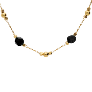 COLLIER ACIER ET PVD JAUNE BOULE FACETÉ NOIRE SYNTHÉTIQUE 39+5CM