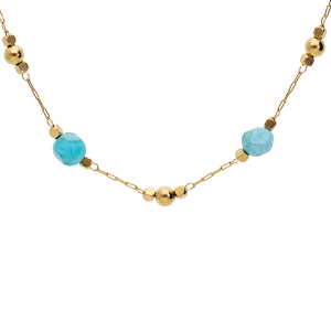 COLLIER ACIER ET PVD JAUNE BOULE TURQUOISE IMITATION 39+5CM