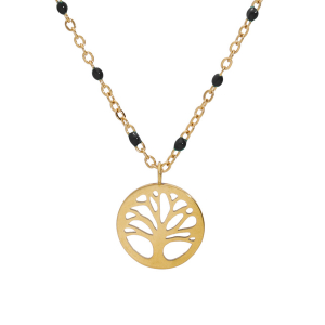 COLLIER ACIER ET PVD DORÉ RÉSINE NOIRE AVEC ARBRE DE VIE 40+5CM