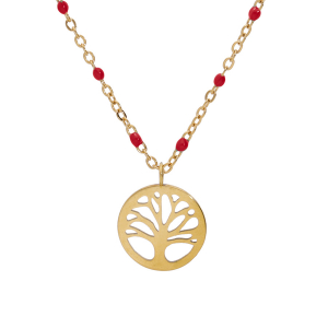 COLLIER ACIER ET PVD DORÉ RÉSINE ROUGE AVEC ARBRE DE VIE 40+5CM