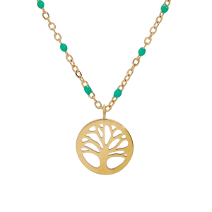 COLLIER ACIER ET PVD DORÉ RÉSINE TURQUOISE IMITATION AVEC ARBRE DE VIE 40+5CM