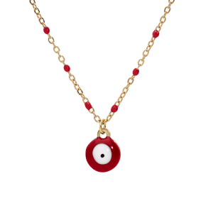 COLLIER ACIER ET PVD DORÉ RÉSINE ROUGE AVEC PENDENTIF OEIL DE LA CHANCE 40+5CM