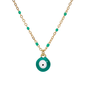 COLLIER ACIER ET PVD JAUNE RÉSINE VERTE AVEC PENDENTIF OEIL DE LA CHANCE 40+5CM