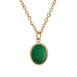 COLLIER ACIER ET PVD JAUNE PENDENTIF CABOCHON VERT IMITATION 40+5CM