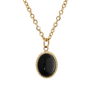 COLLIER ACIER ET PVD JAUNE PENDENTIF CABOCHON NOIR IMITATION 40+5CM