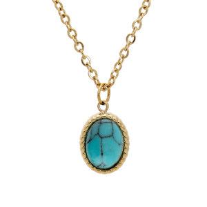 COLLIER ACIER ET PVD JAUNE PENDENTIF CABOCHON TURQUOISE IMITATION 40+5CM