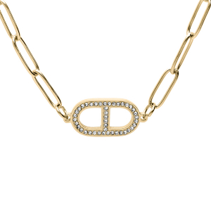 COLLIER ACIER ET PVD JAUNE MAILLES RECTANGULAIRES MOTIF OXYDES BLANCS SERTIS 41+4CM