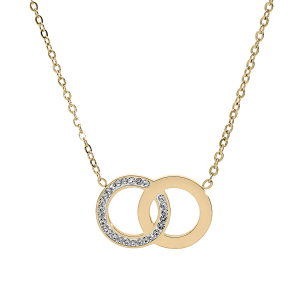 COLLIER ACIER PVD JAUNE 2 CERCLES ENTRELACÉS 1 LISSE ET 1 AVEC OXYDES BLANCS 40+5CM