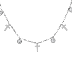 COLLIER ACIER AVEC CROIX ET OXYDES BLANCS SERTIS 39+5CM