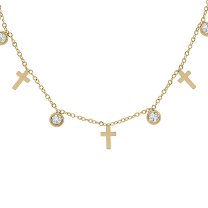 COLLIER ACIER ET PVD DORÉ AVEC CROIX ET OXYDES BLANCS SERTIS 39+5CM