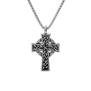 COLLIER ACIER PENDENTIF CROIX CELTIQUE 54+5CM