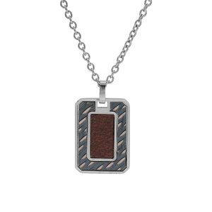 COLLIER ACIER PENDENTIF RECTANGULAIRE ASPECT BOIS 50+5CM
