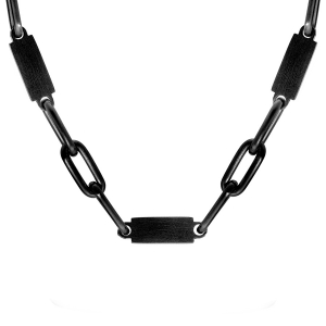 COLLIER ACIER PVD NOIR MAT MAILLONS ET PLAQUETTES A GRAVER 55CM+5CM