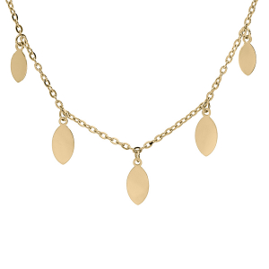 COLLIER ACIER ET PVD JAUNE PAMPILLES FEUILLES LISSES 40+4CM