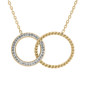 COLLIER ACIER ET PVD JAUNE DOUBLE ANNEAU ENTREMÉLÉ 1 AVEC OXYDES BLANCS SERTIS ET 1 TORSADÉ 40+4CM