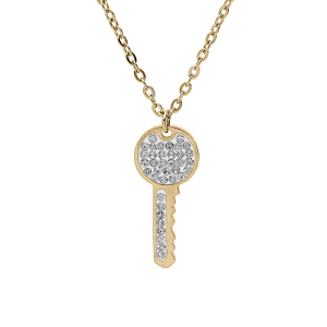COLLIER ACIER ET PVD JAUNE CLEF OXYDES BLANCS SERTIS 40+4CM