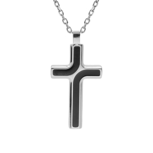 COLLIER ACIER CHAINE FORCAT AVEC PENDENTIF CROIX 35 x 25MM  ET RÉSINE NOIRE 55+5CM