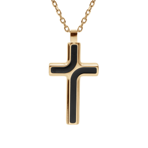 COLLIER ACIER ET PVD DORÉ CHAINE FORCAT AVEC PENDENTIF CROIX 35 X 25MM ET RÉSINE NOIRE 55+5CM