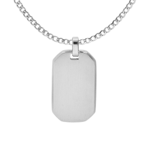 COLLIER ACIER CHAINE GOURMETTE AVEC PENDENTIF RECTANGULAIRE PANS COUPÉS 30 X 15MM  55+5CM