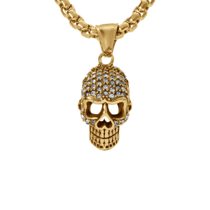 COLLIER ACIER DORÉ PENDENTIF TETE DE MORT OXYDES BLANCS  50+5CM