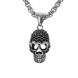 COLLIER ACIER PENDENTIF TETE DE MORT OXYDES NOIRS 50+5CM