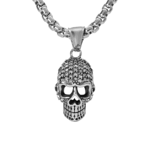 COLLIER ACIER PENDENTIF TETE DE MORT OXYDES BLANCS 50+5CM