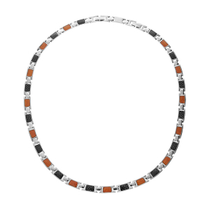 COLLIER ACIER ET CARBONE ET ASPECT BOIS  49CM + 4CM REGLABLE DOUBLE FERMOIR