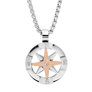 COLLIER ACIER MAILLE PALMIER PENDENTIF BOUSSOLE ET PVD ROSE 51CM