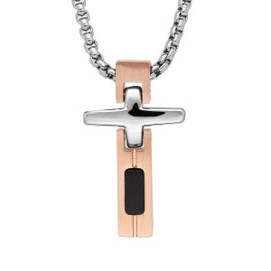 COLLIER ACIER PENDENTIF CROIX PVD NOIR ET ROSE 50+5CM