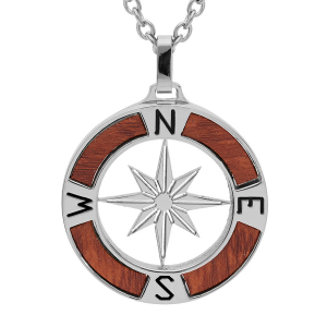 COLLIER ACIER PENDENTIF ROSE DES VENTS AVEC ASPECT BOIS CLAIR 50+5CM