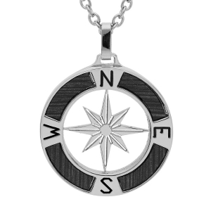 COLLIER ACIER PENDENTIF ROSE DES VENTS AVEC ASPECT BOIS NOIR 50+5CM