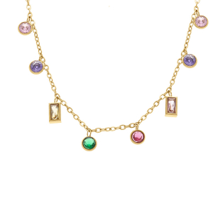 COLLIER ACIER DORÉ OXYDES MULTI COULEURS SERTIS CLOS  40+5CM