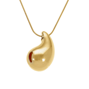 COLLIER ACIER DORÉ PENDENTIF GRANDE GOUTTE INCURVÉE  (dim 33mm x 18 mm)  41+5CM